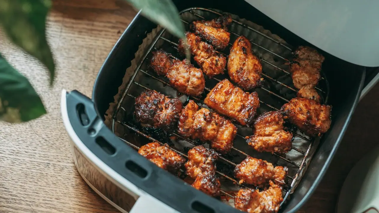Air fryer aberta com o cesto cheio de alimentos dourados, sobre mesa de madeira