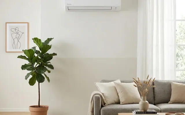 Ar-condicionado split branco instalado em parede clara de sala moderna e iluminada