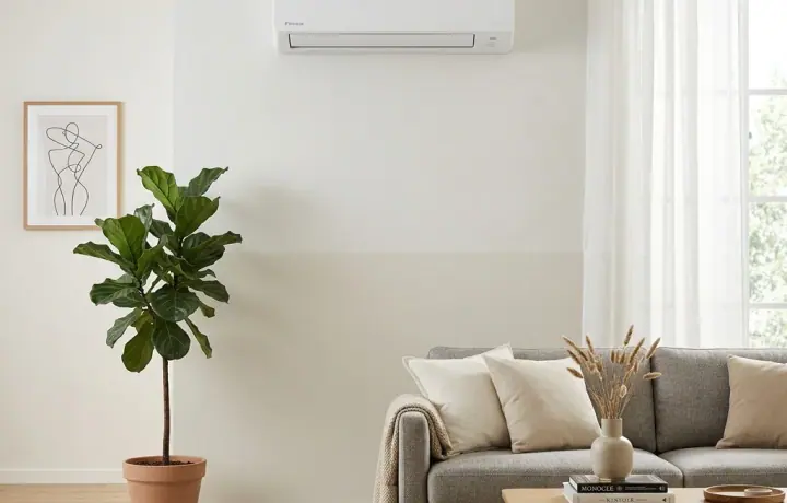 Ar-condicionado split branco instalado em parede clara de sala moderna e iluminada
