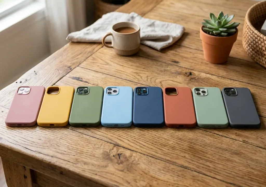 Várias capinhas de celular de silicone coloridas limpas dispostas em fileira