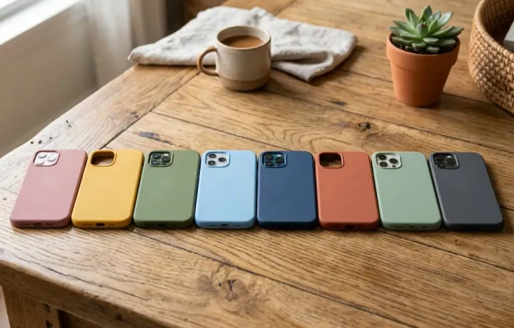 Várias capinhas de celular de silicone coloridas limpas dispostas em fileira