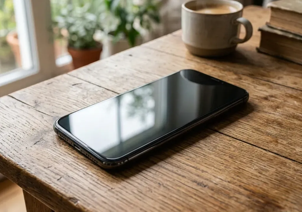 Smartphone moderno com tela desligada e limpa espelhando a iluminação