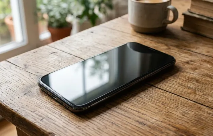 Smartphone moderno com tela desligada e limpa espelhando a iluminação
