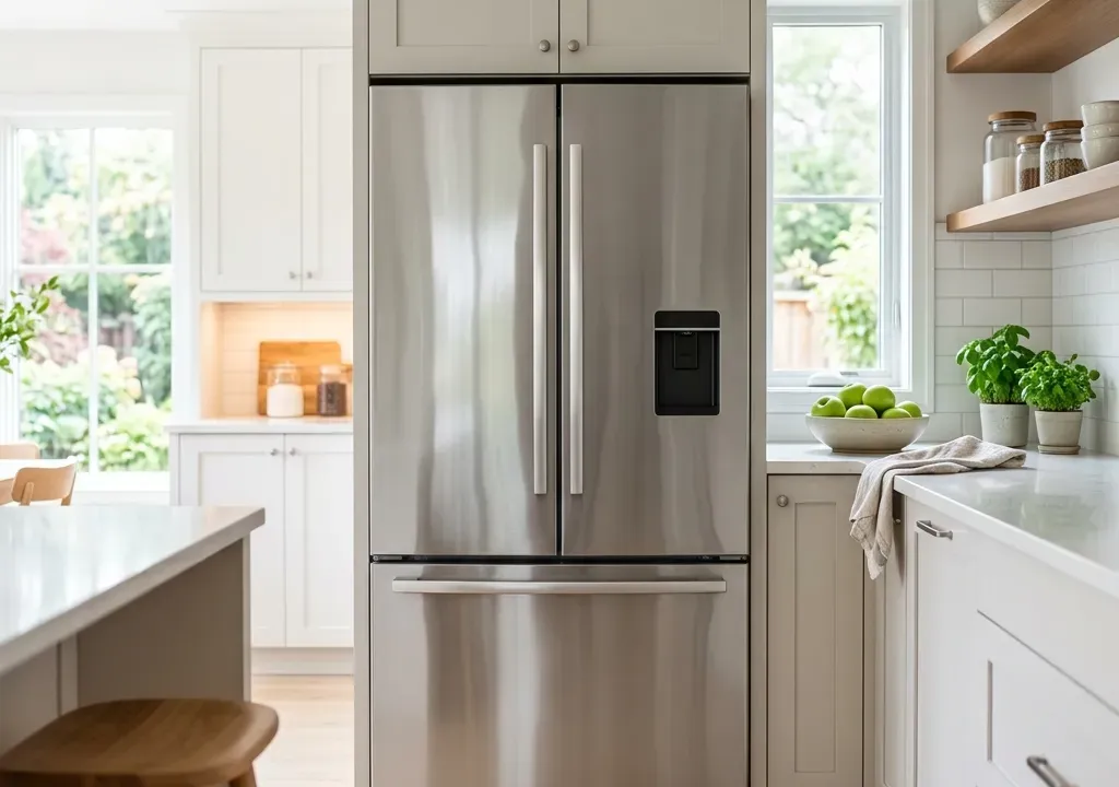 Geladeira de inox de duas portas limpa posicionada em uma cozinha iluminada