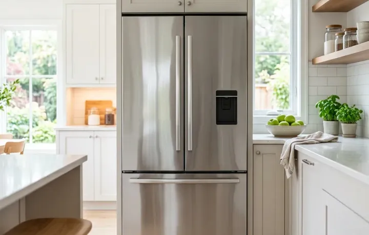 Geladeira de inox de duas portas limpa posicionada em uma cozinha iluminada