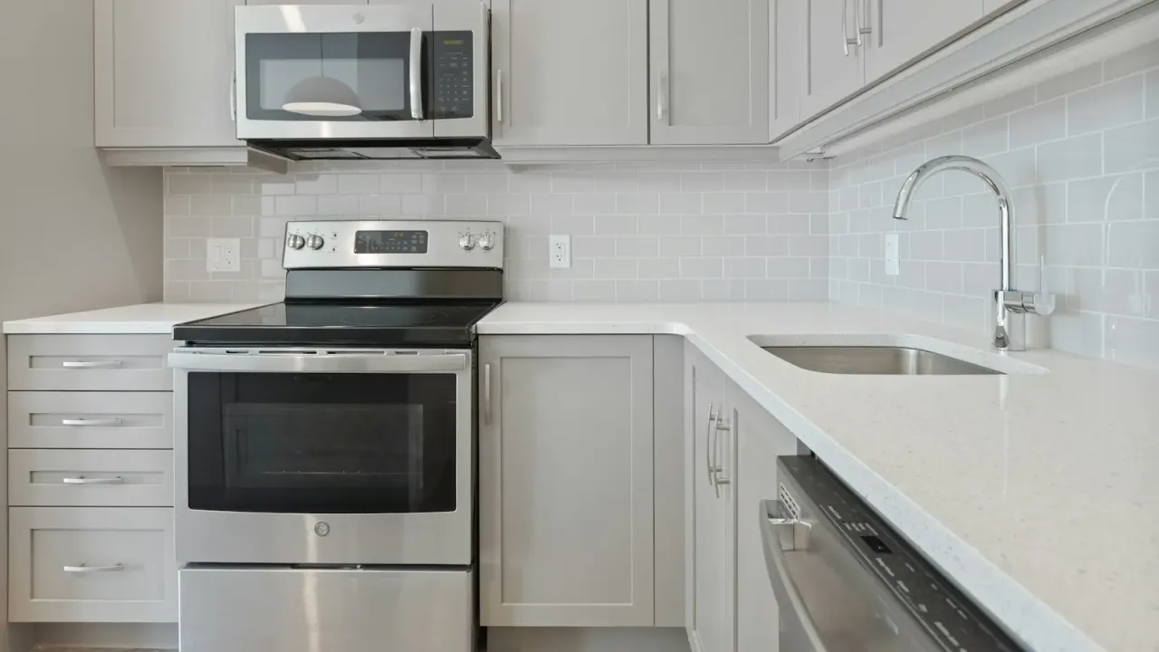 Micro-ondas branco limpo instalado em armário de cozinha