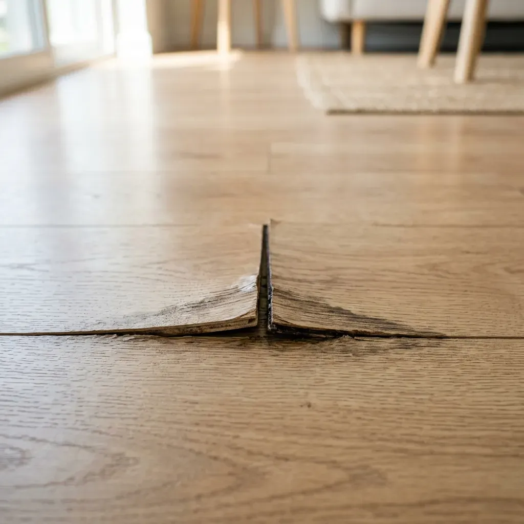 Detalhe de duas réguas de laminado com bordas elevadas e estufadas por infiltração