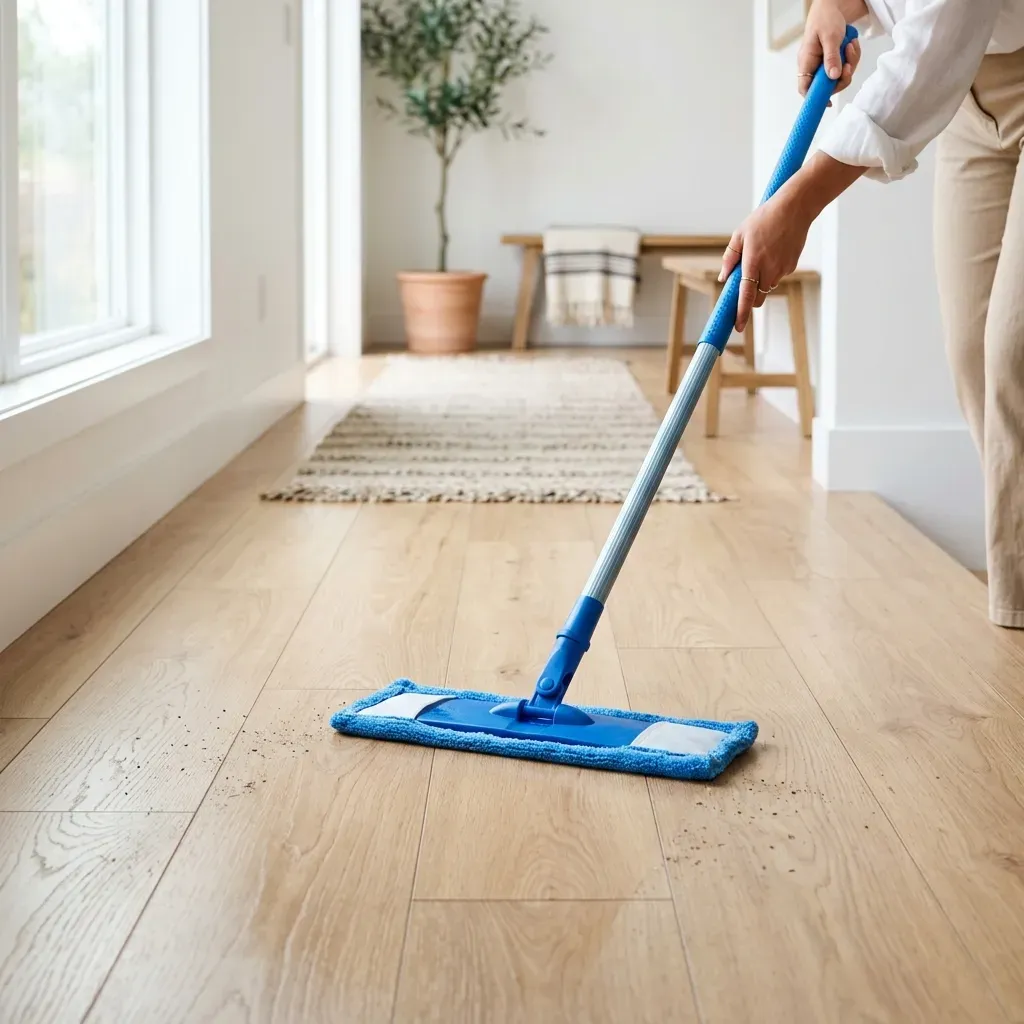 Mop plano azul limpando réguas de piso laminado no sentido do comprimento