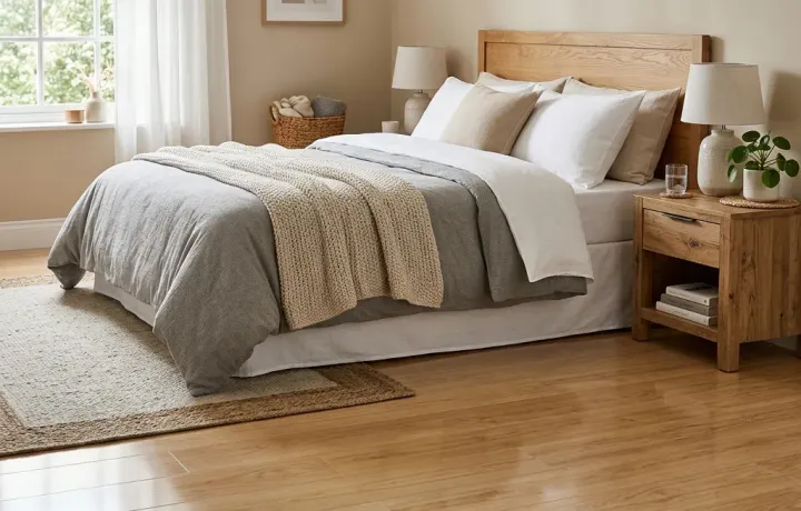 Quarto moderno com piso laminado de madeira clara perfeitamente limpo