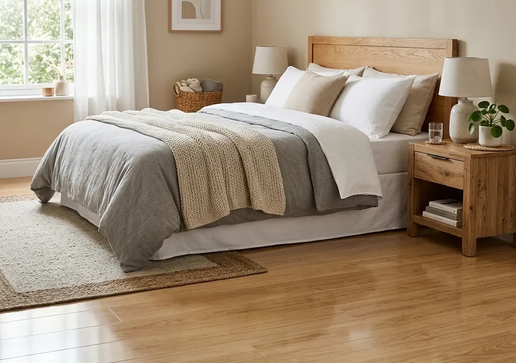 Quarto moderno com piso laminado de madeira clara perfeitamente limpo