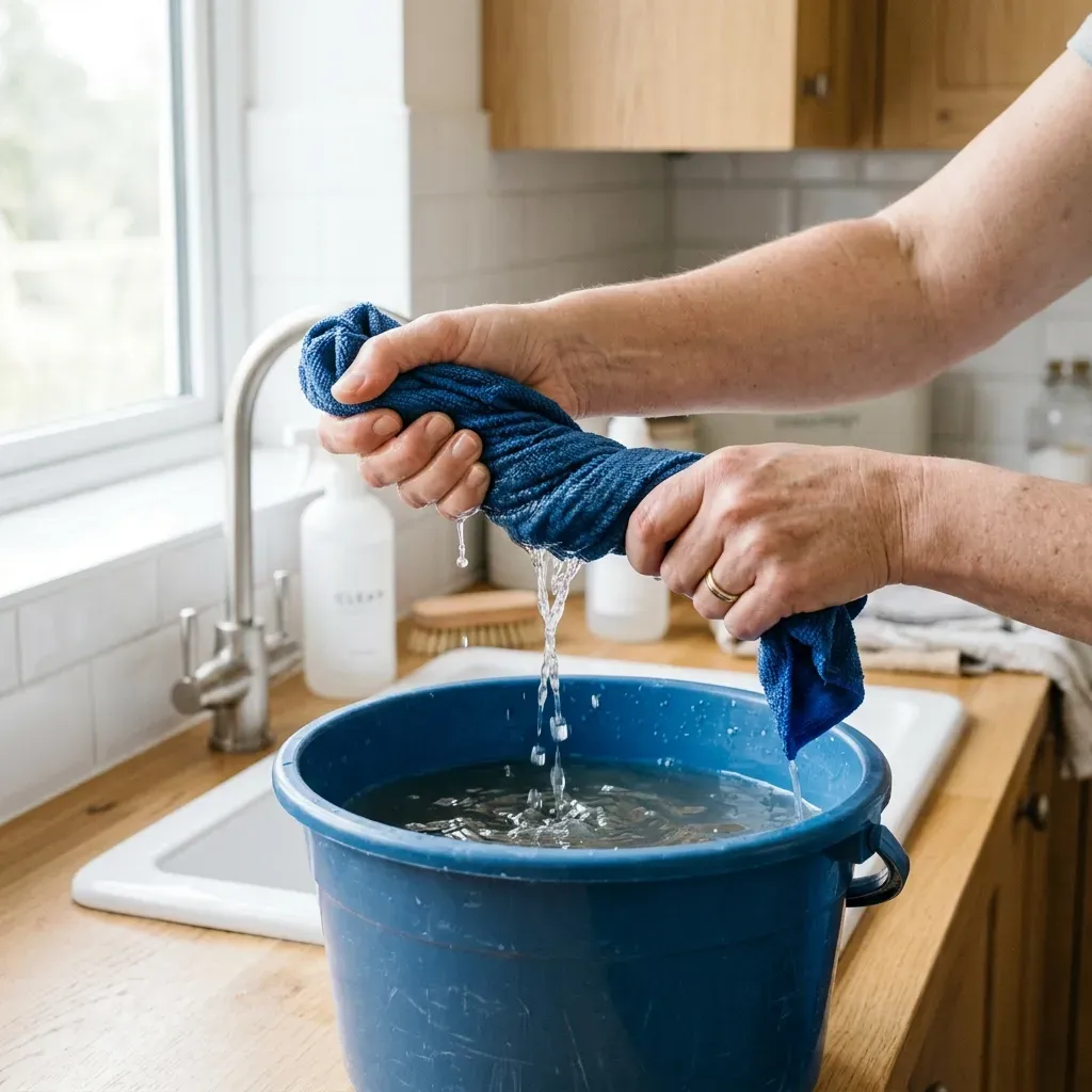 Mãos espremendo pano de microfibra azul sobre um balde plástico azul