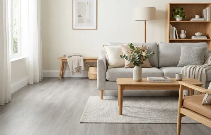 Sala de estar moderna com piso vinílico cinza perfeitamente limpo