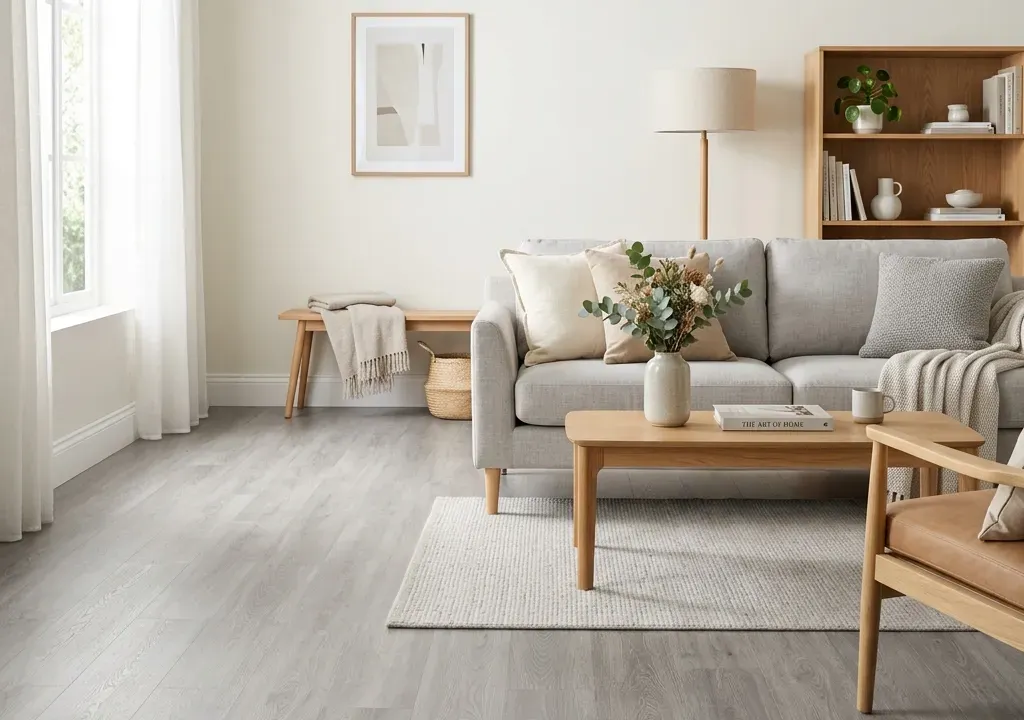 Sala de estar moderna com piso vinílico cinza perfeitamente limpo