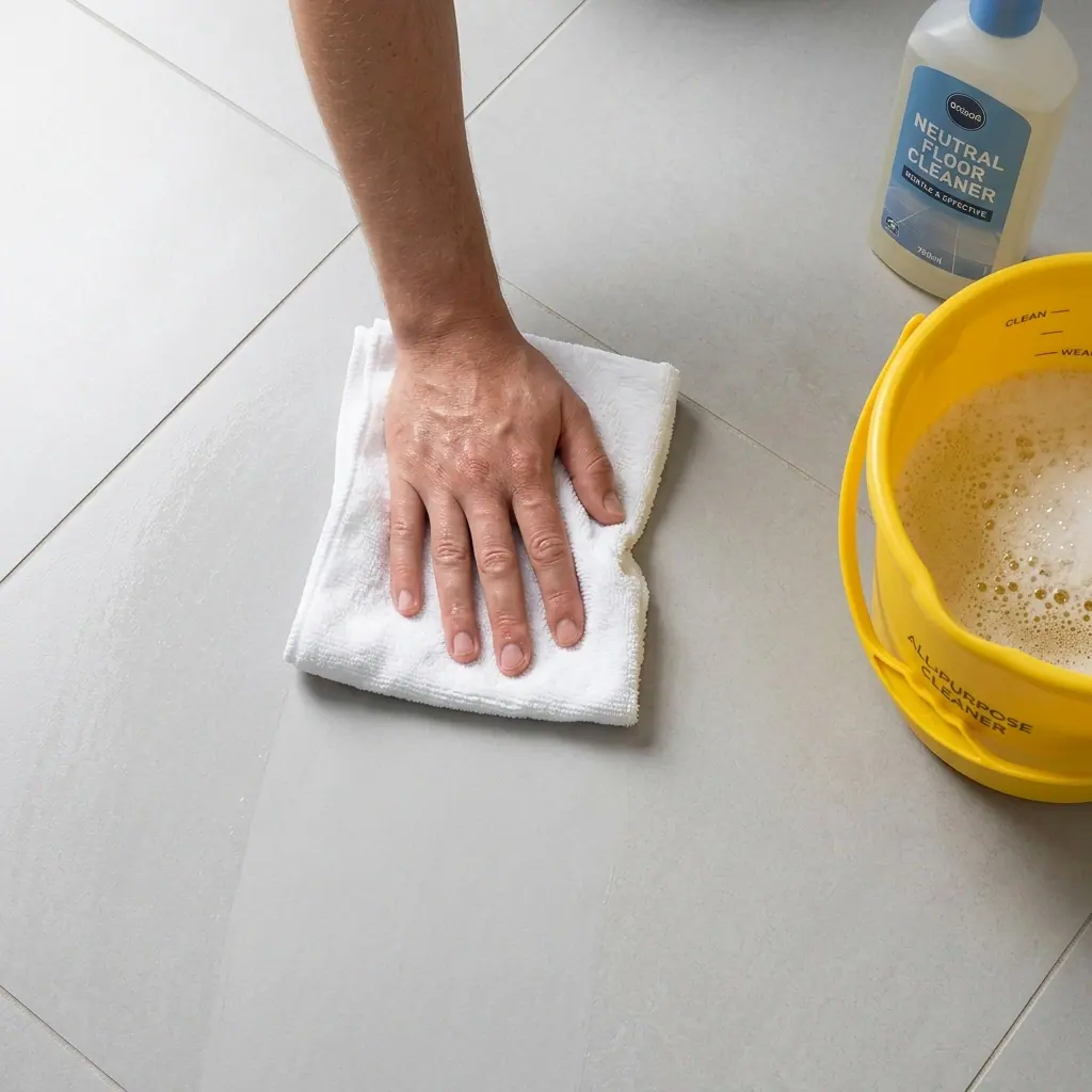 Mão com pano de microfibra limpando porcelanato acetinado claro ao lado de balde amarelo e detergente neutro