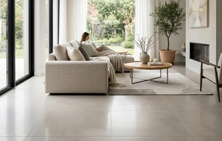 Sala ampla com piso de porcelanato acetinado claro refletindo luz natural suave