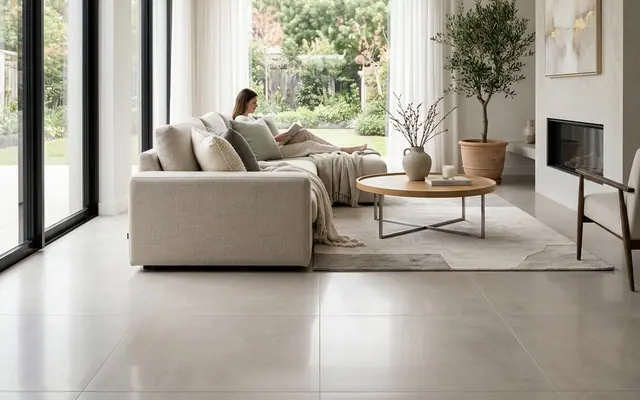 Sala ampla com piso de porcelanato acetinado claro refletindo luz natural suave