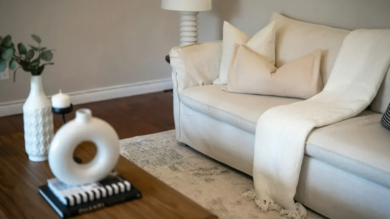Sofá branco de tecido em sala clara com almofadas neutras