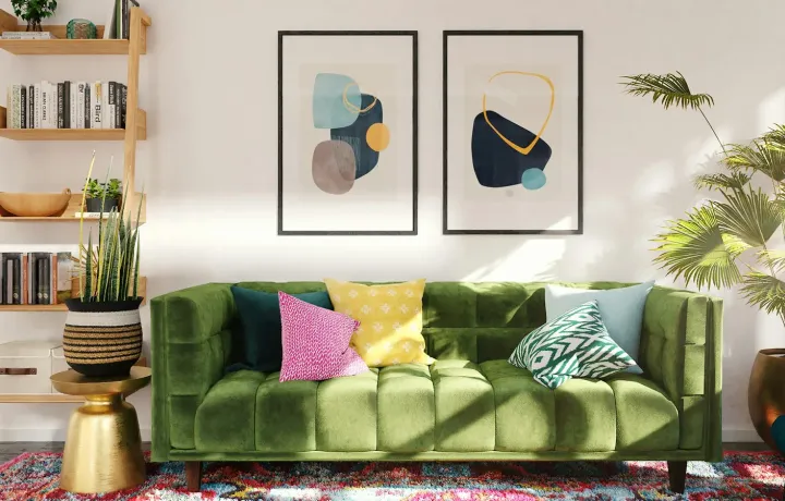 Sofá verde de veludo com almofadas coloridas em sala iluminada
