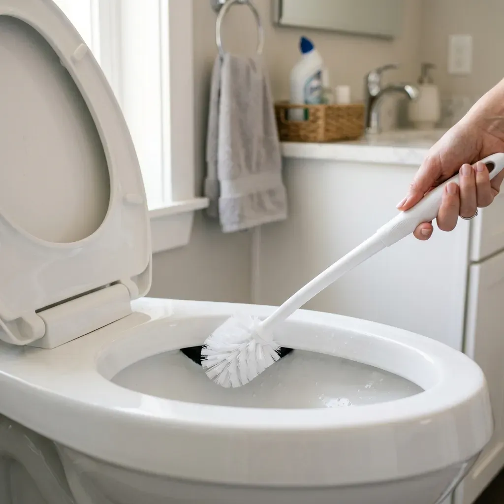 Escova sanitária de plástico branco limpando as bordas internas sob o assento do vaso