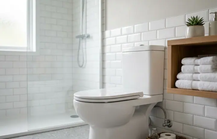Banheiro moderno e limpo focado em um vaso sanitário de louça branca brilhante