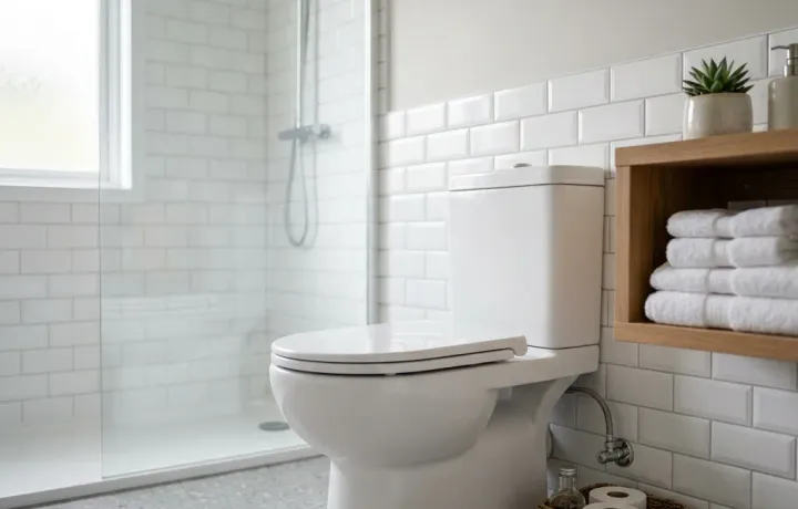 Banheiro moderno e limpo focado em um vaso sanitário de louça branca brilhante