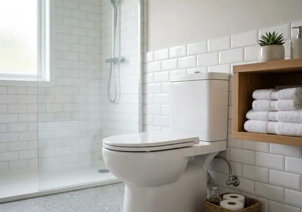 Banheiro moderno e limpo focado em um vaso sanitário de louça branca brilhante