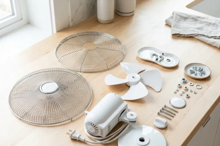 Grades e hélice de ventilador de mesa limpas dispostas sobre uma bancada clara
