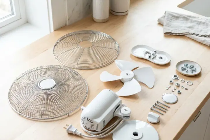 Grades e hélice de ventilador de mesa limpas dispostas sobre uma bancada clara
