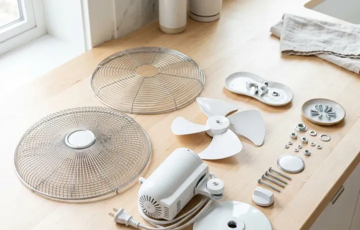 Grades e hélice de ventilador de mesa limpas dispostas sobre uma bancada clara
