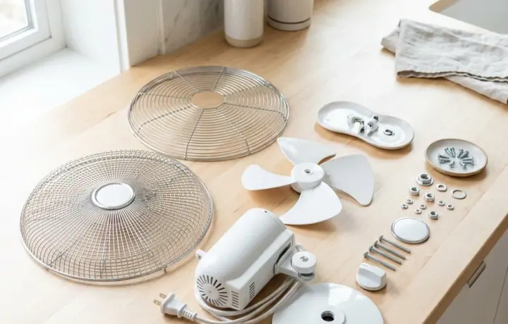 Grades e hélice de ventilador de mesa limpas dispostas sobre uma bancada clara