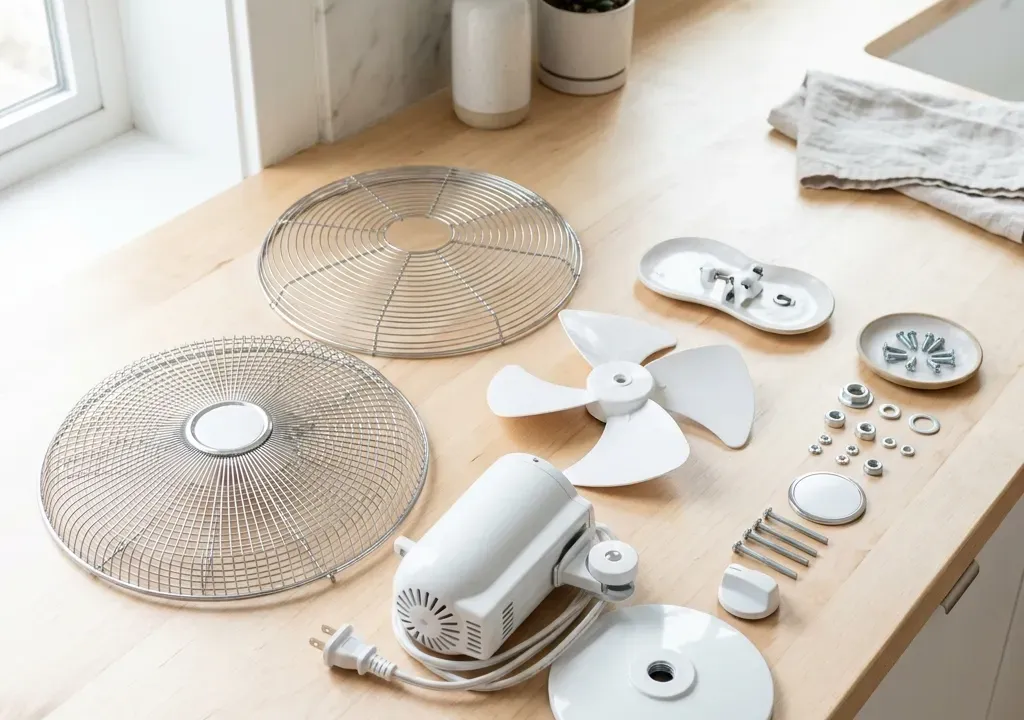 Grades e hélice de ventilador de mesa limpas dispostas sobre uma bancada clara
