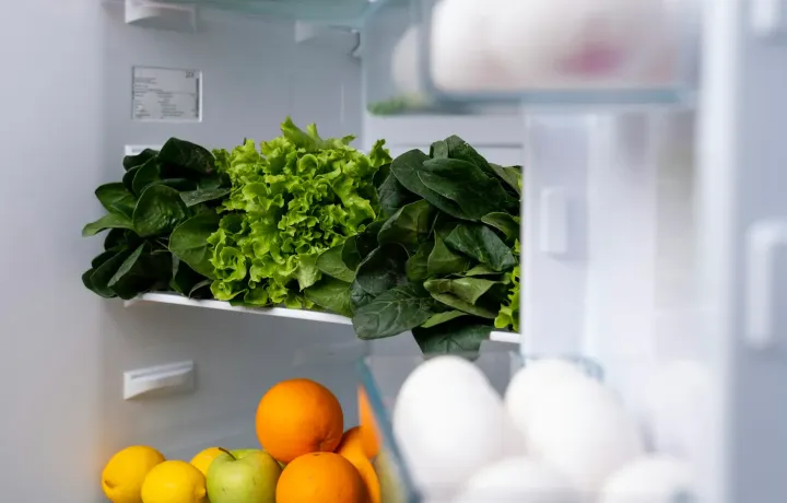 Geladeira aberta organizada com folhas verdes, frutas e ovos